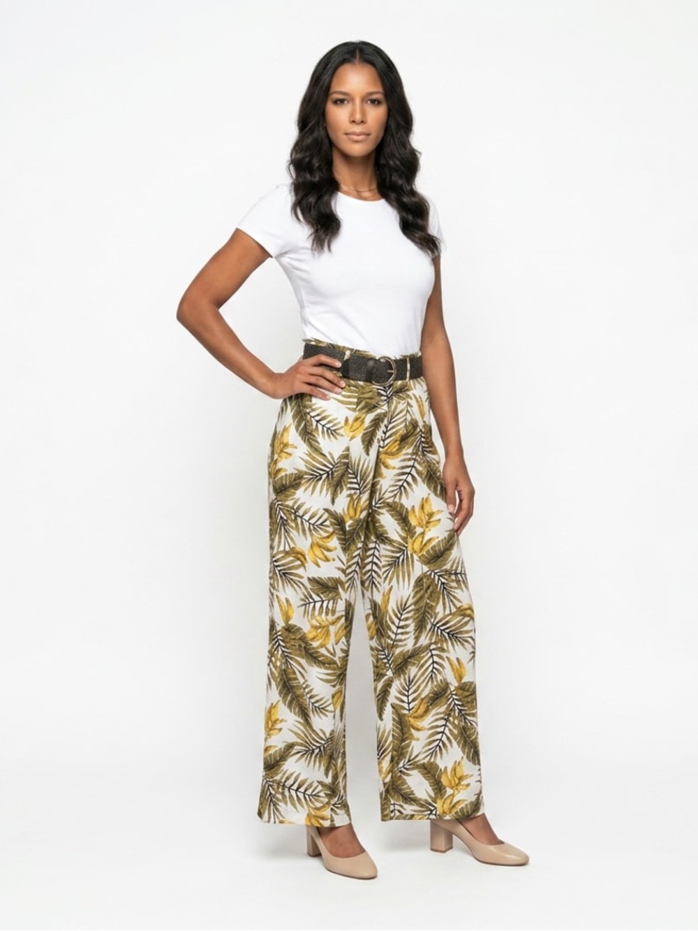 NWT Haver & Blair Tropical Leaf Wide-Leg Casual Pants Olive & White Sz S